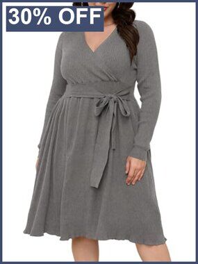 Plus Size Sweater Wrap Midi Dress Long Sleeve A-Line Tie Waist
